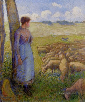  sheep oil painting - shepherdess and sheep 1887 Camille Pissarro